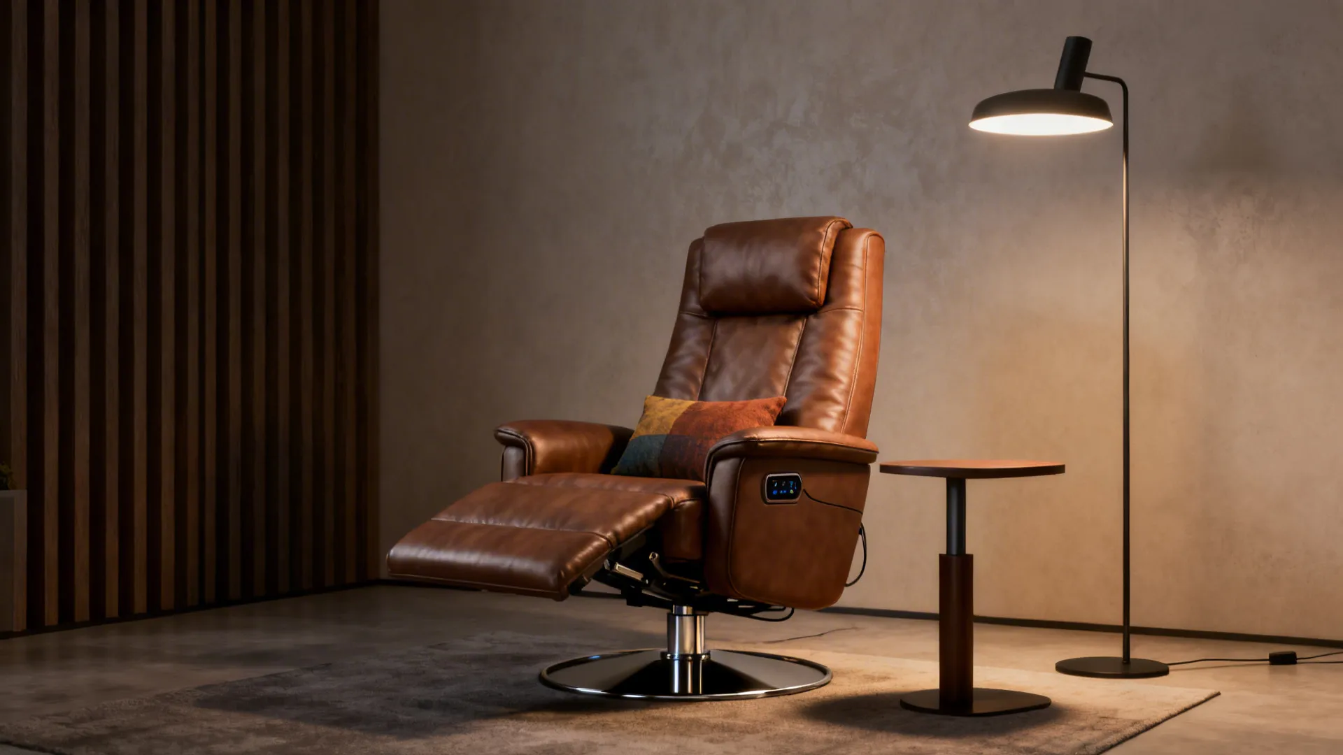 Recliner with tall back and adjustable head support in a cozy media corner.