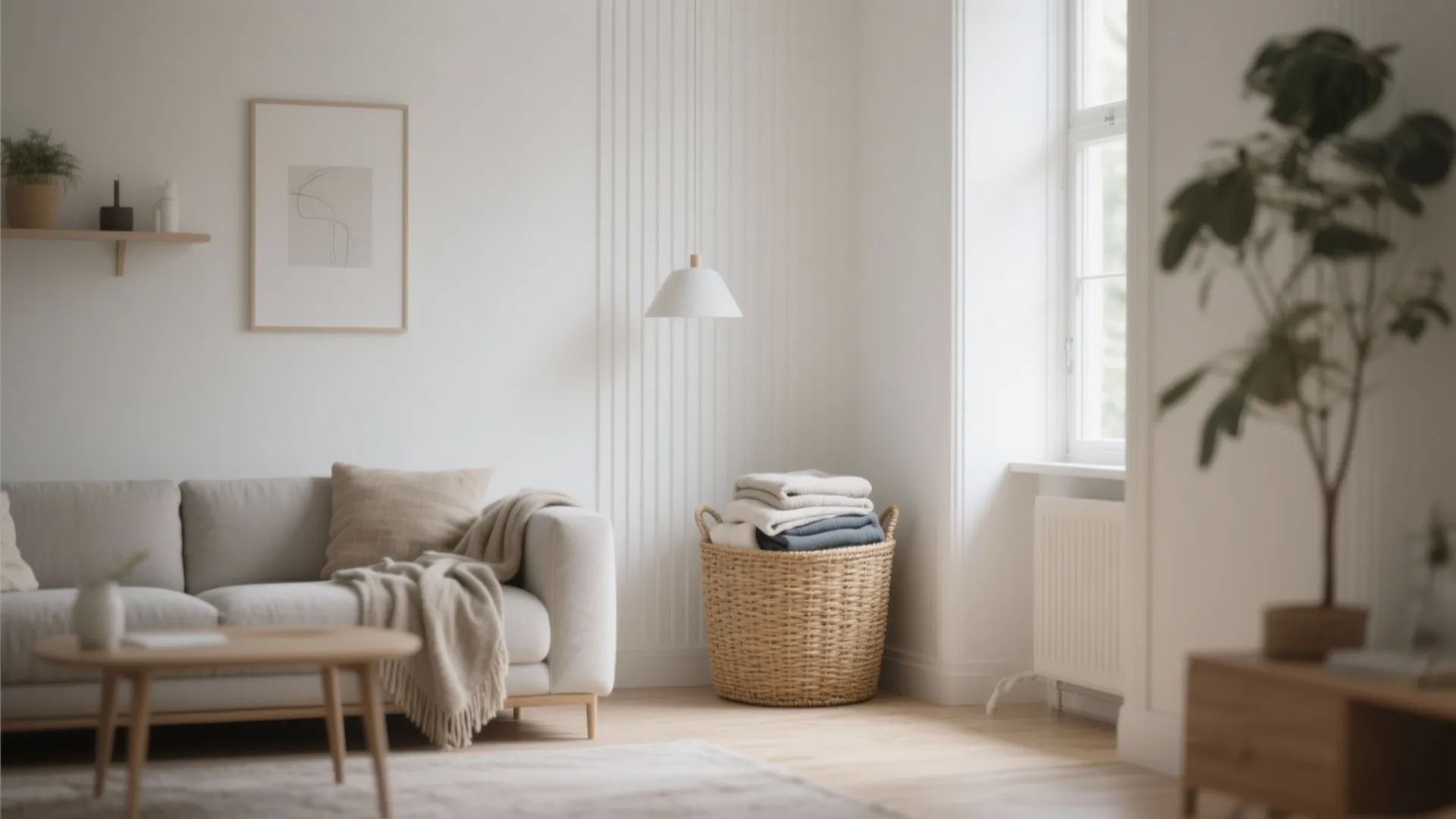 Bright minimalist living room with grey sofa, woven basket, wooden coffee table, and natural sunlight