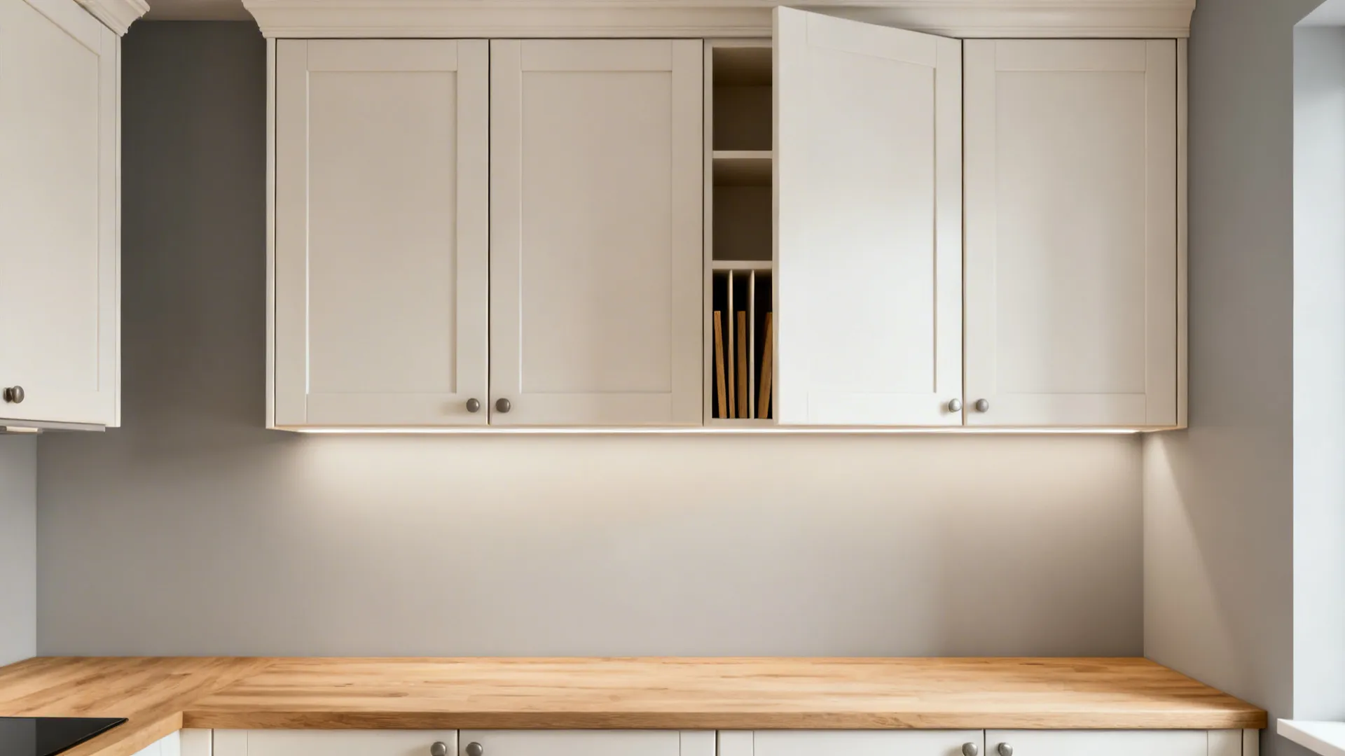 White upper kitchen cabinets with open door revealing vertical wood dividers above a wood countertop