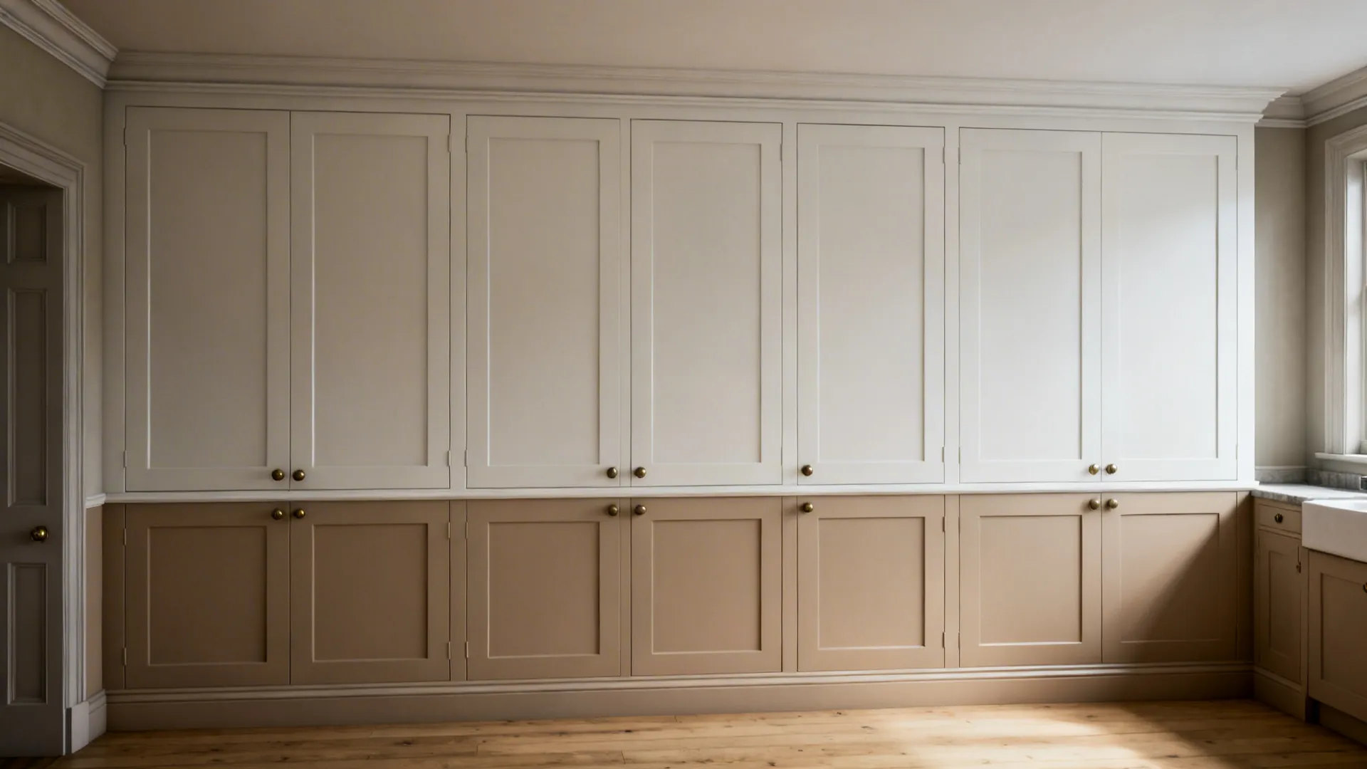 Floor-to-ceiling slim-rail Shaker cabinets with hidden rails and soft two-tone colors.