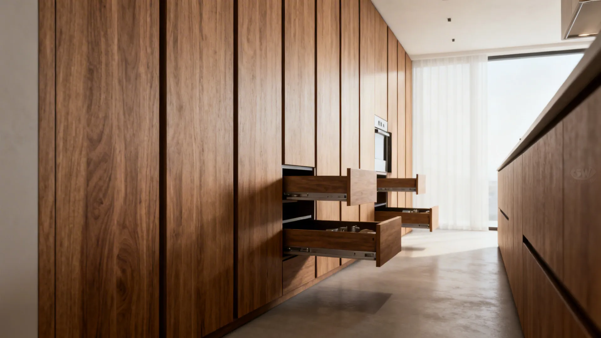 Tall shallow cabinets in a narrow kitchen offering vertical storage without crowding the work surface.