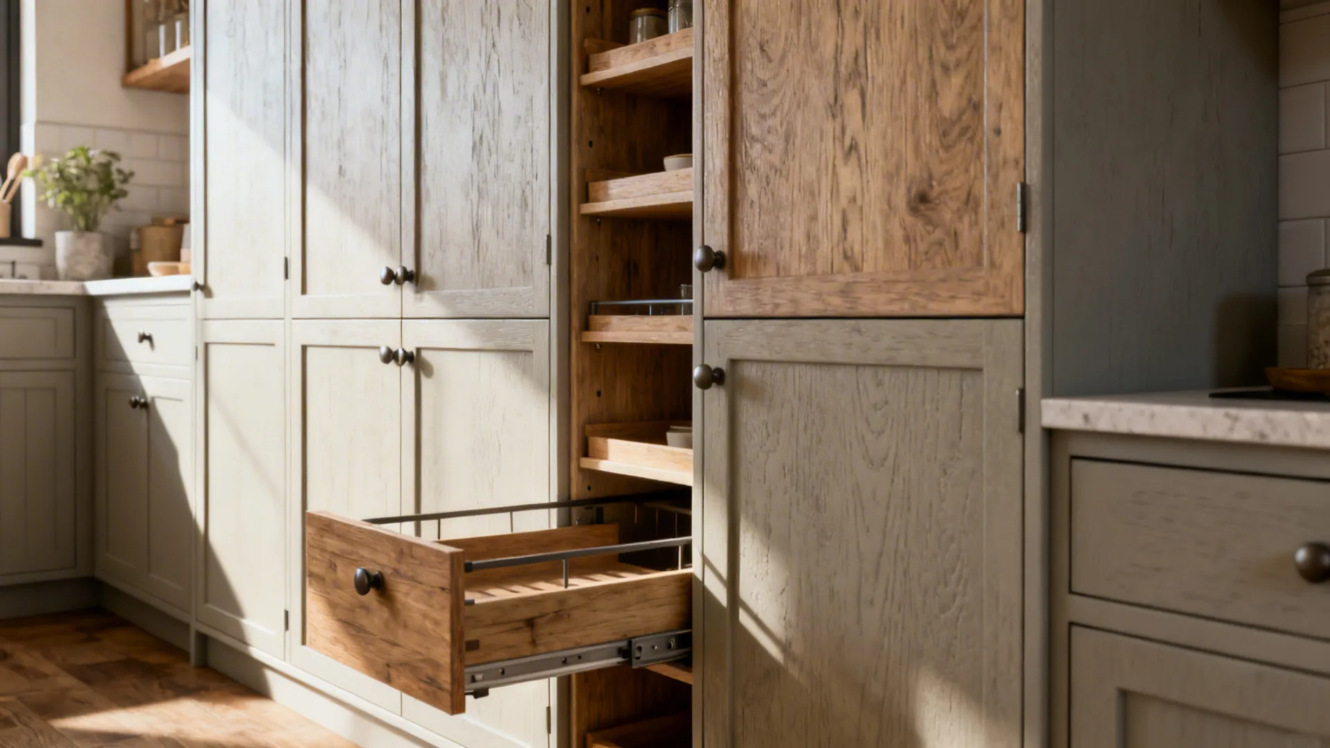 Close-up of shallow tall cabinets and a pull-out pantry in a compact kitchen, showing vertical storage efficiency.