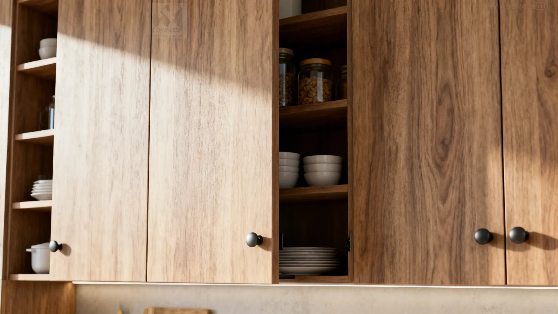 Tall shallow kitchen cabinets showing easily reachable, visible storage on shelves.