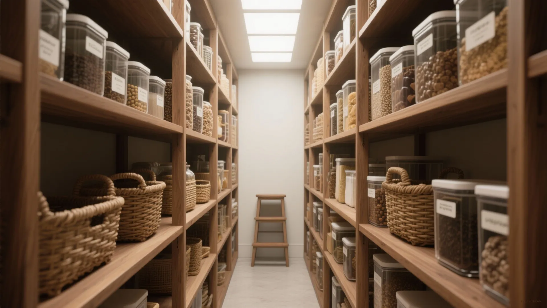 Narrow walk-in pantry with floor-to-ceiling open wood shelving, clear containers and labeled baskets.