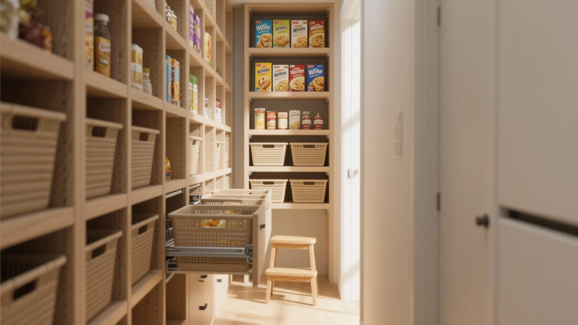 Tall adjustable vertical shelving in a compact pantry with pull-out baskets and a small step stool.