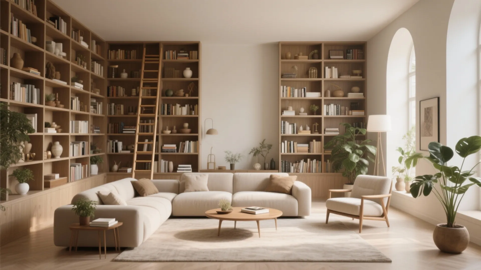 Spacious living room with large wooden bookshelves a ladder beige sofa and a round table