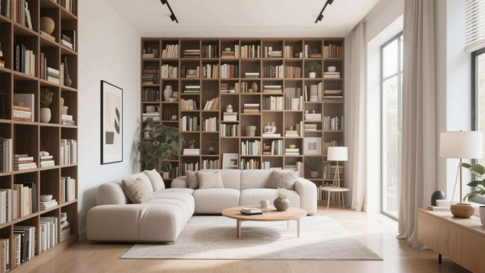 Floor to ceiling wooden bookshelf behind a white sofa and round coffee table with rug