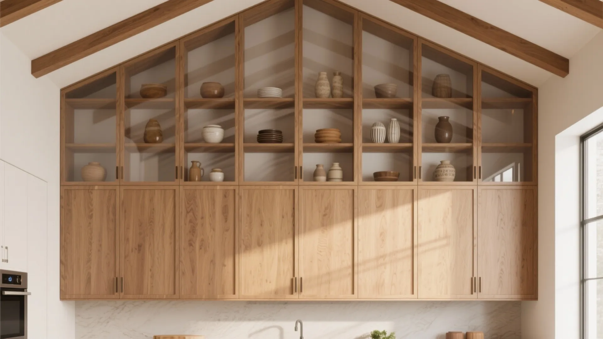 Tall cabinetry with open shelves above in a vaulted kitchen, warm woods and glass-front uppers to the ceiling.