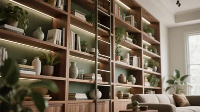 Modern Bookshelf Living Room with Green Accent Wall