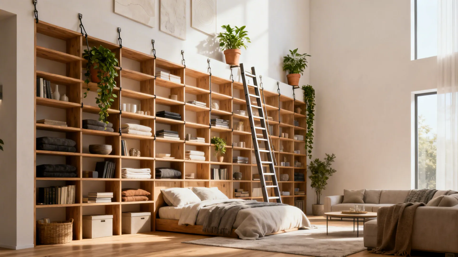 Large wooden bookshelf wall behind a bed with a metal ladder and green potted plants