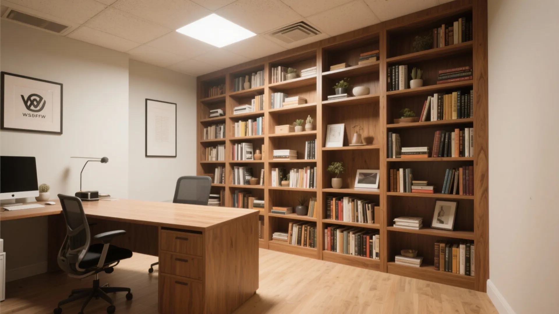 Large wooden bookshelf filled with books behind a wooden desk with a black office chair