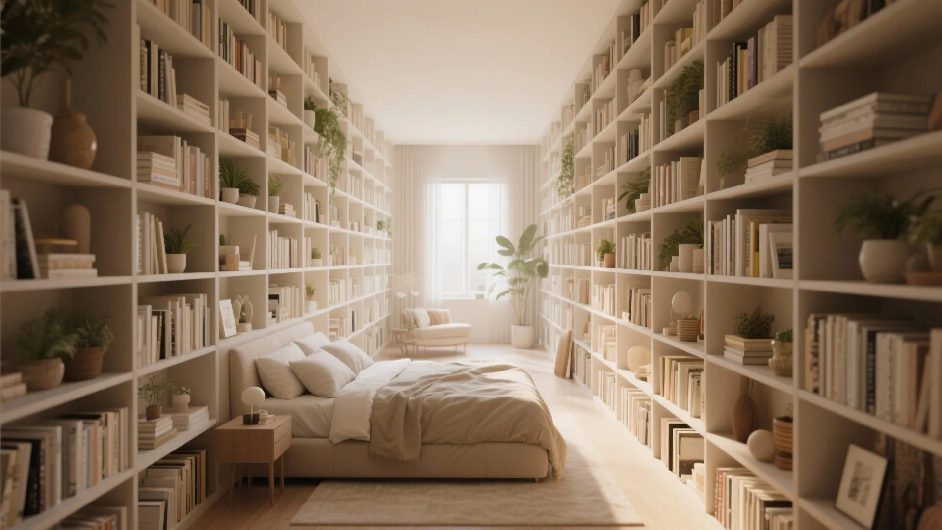 Modern bedroom with high white bookshelves on both walls a large bed and natural light