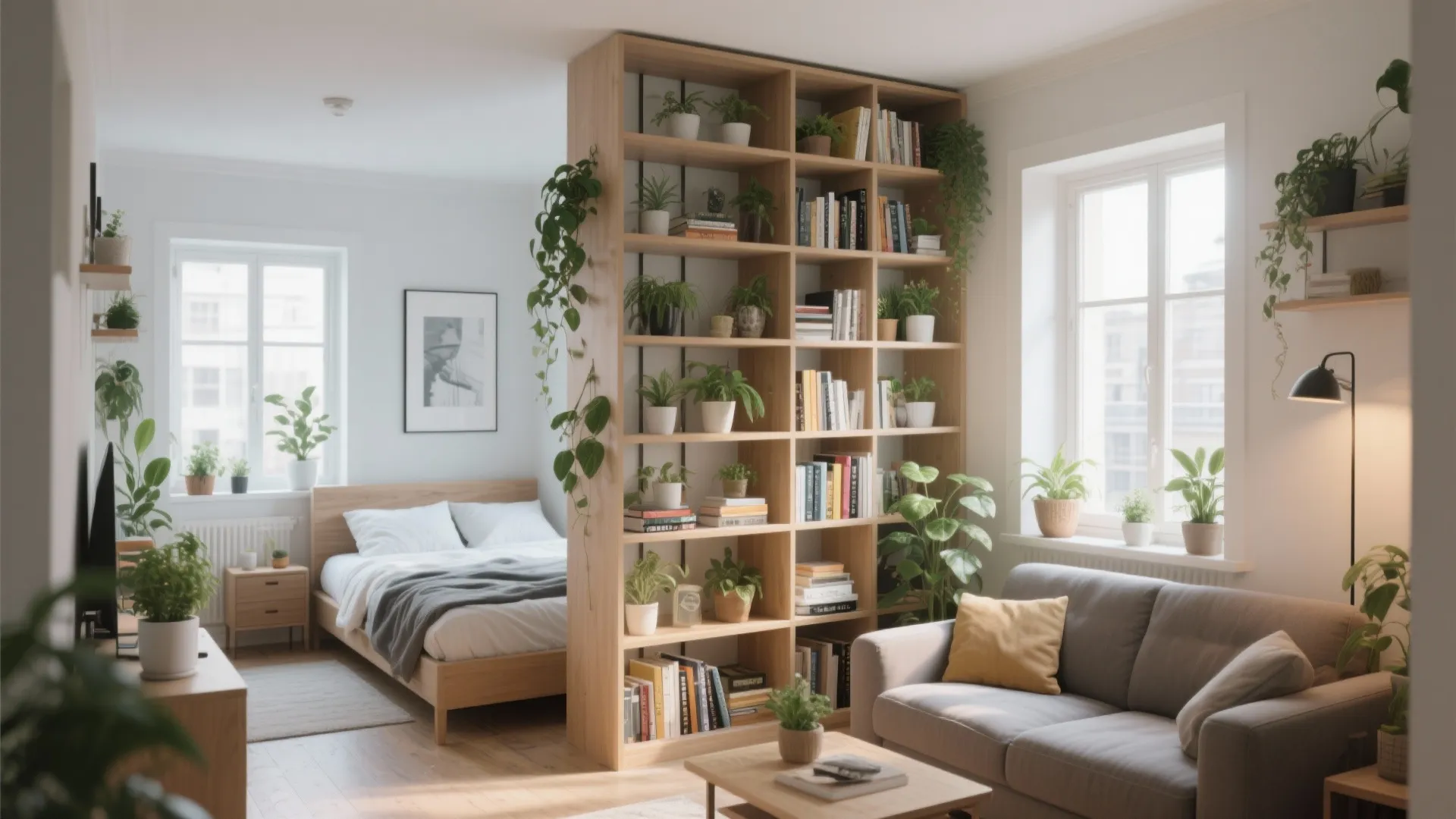 Tall wooden bookshelf used as room divider between a small bedroom and cozy living area
