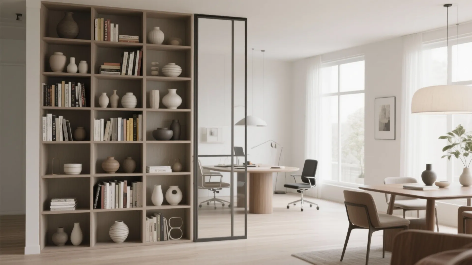 Open tall shelving separating dining and work areas