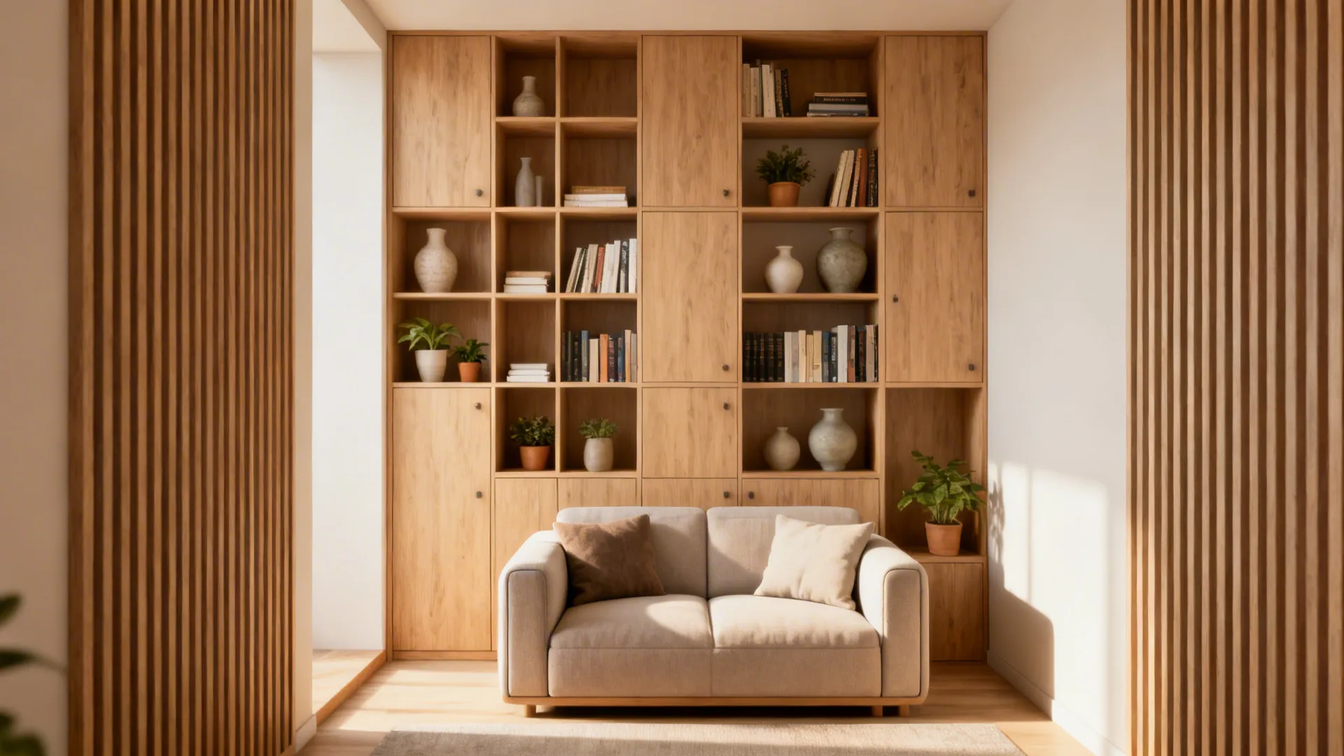Slim floor-to-ceiling shelving behind a small sofa creating vertical emphasis