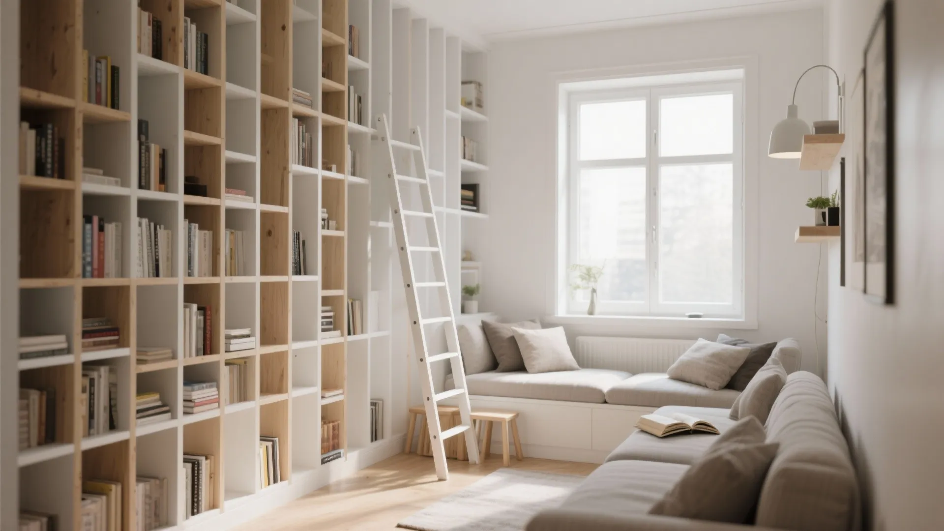 Bright reading room with floor to ceiling bookshelf white ladder grey sofa and natural light