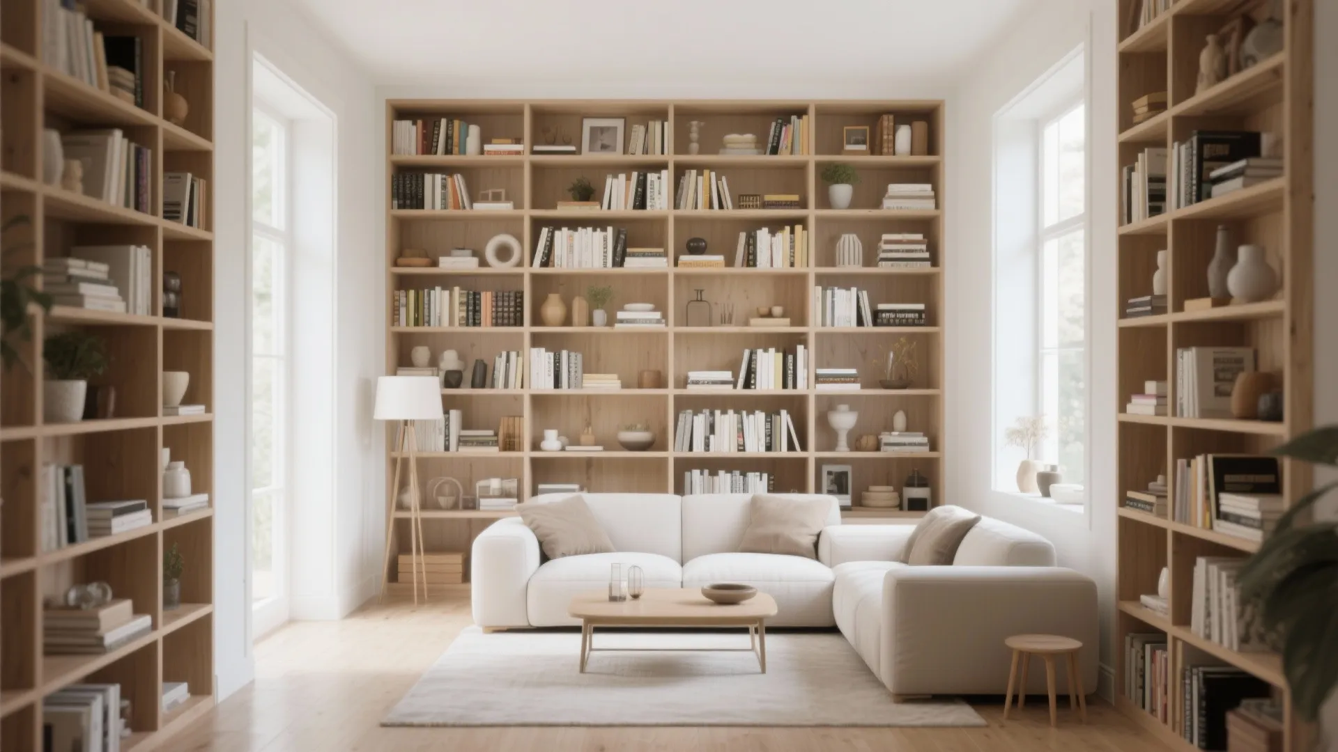 Modern living room featuring floor to ceiling wooden bookshelves surrounding a white sofa and rug