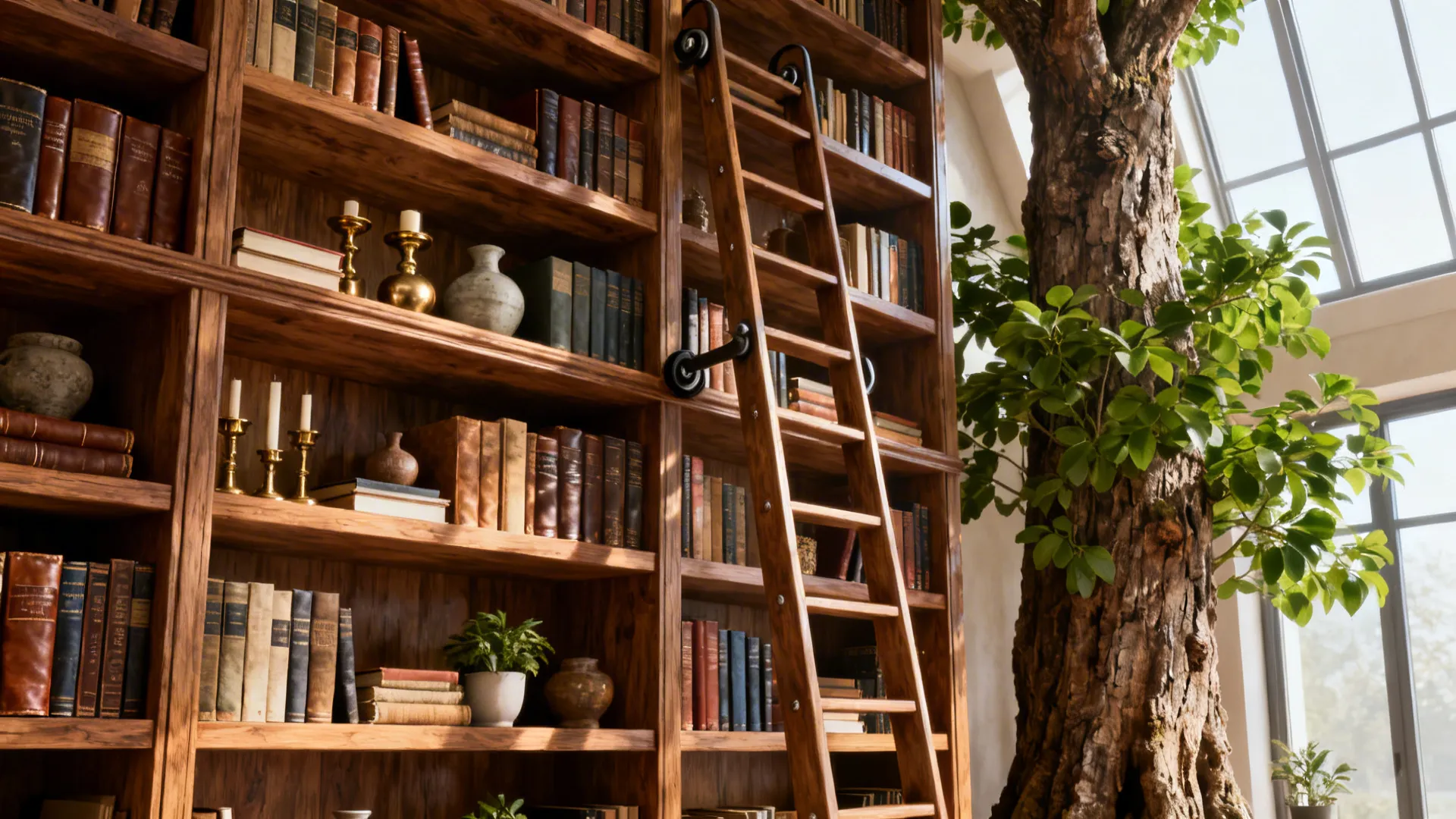 Floor-to-ceiling shelving with a ladder and a tall indoor tree filling the vertical space in a living room.