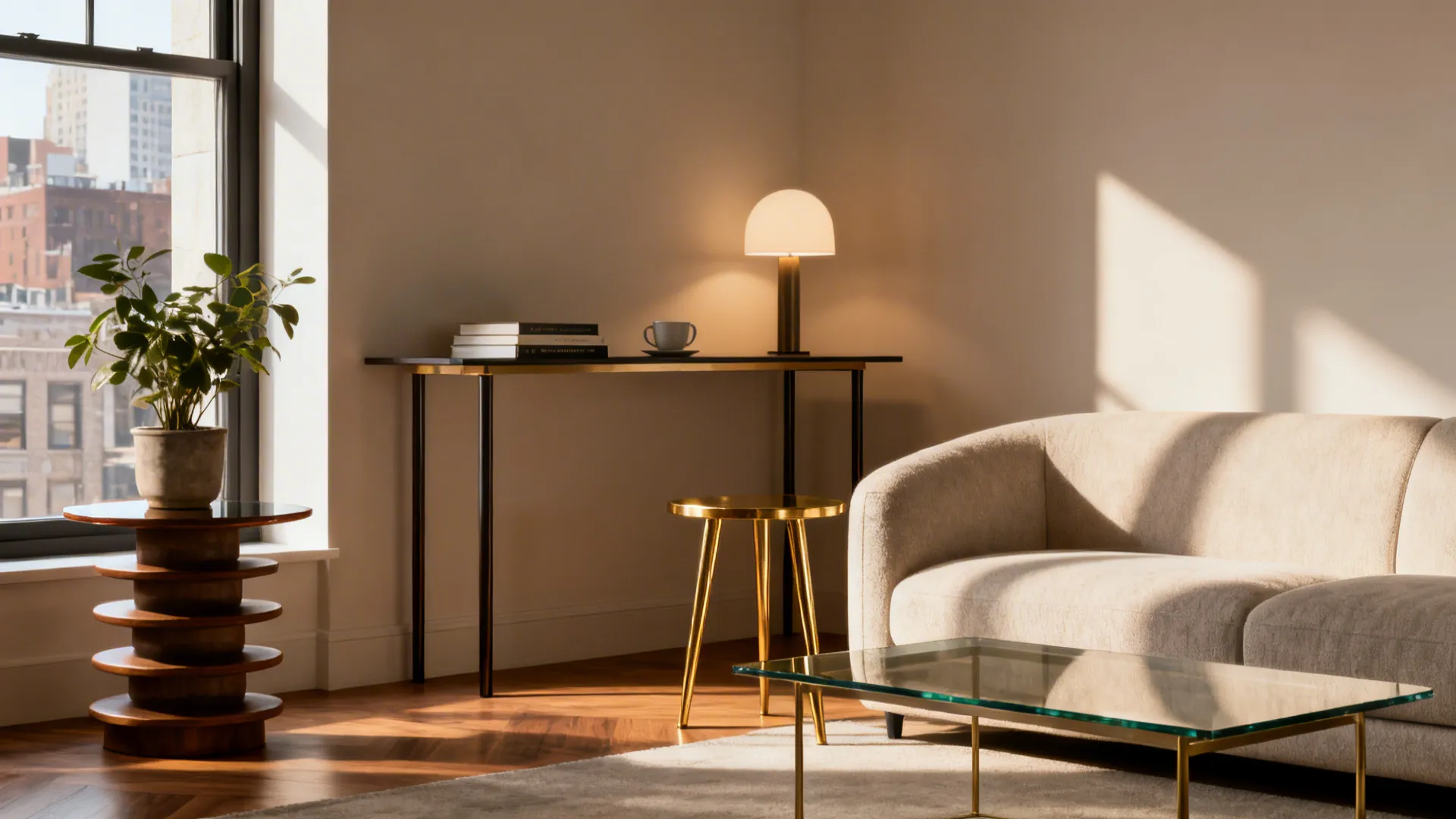 Modern living room with beige sofa glass coffee table gold stool and lamp on desk