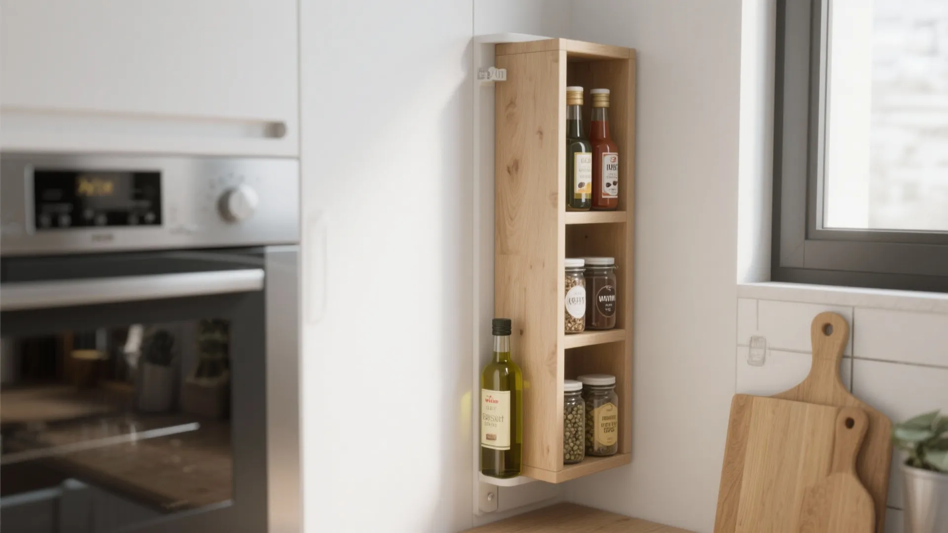 Small wooden wall shelf holding glass bottles and spice jars next to a kitchen oven