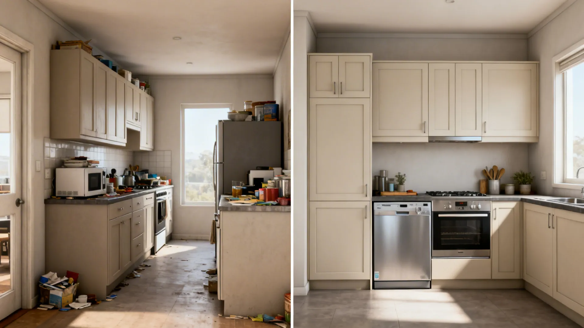 Before-and-after galley upgrade showing bulky units replaced by ceiling-high shallow cabinets and slim appliances.
