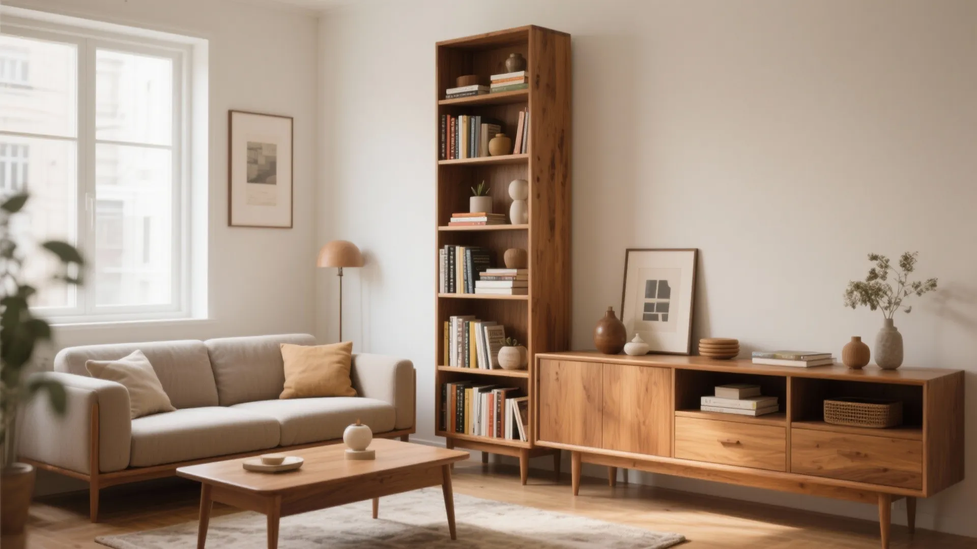 Tall wooden bookcase filled with books next to a grey sofa and wooden coffee table