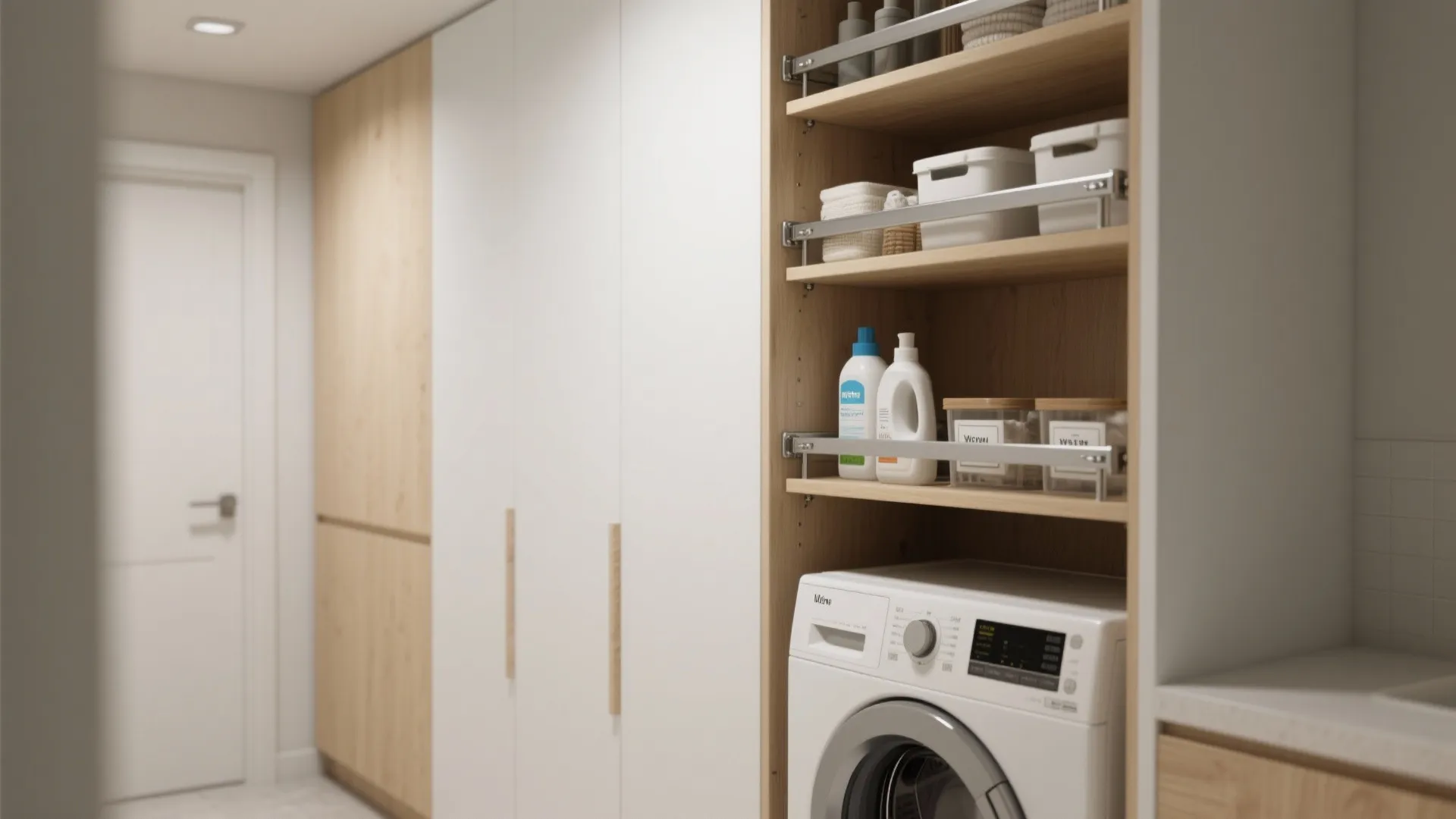 Laundry room with white washing machine and wooden shelves holding detergent bottles and storage boxes