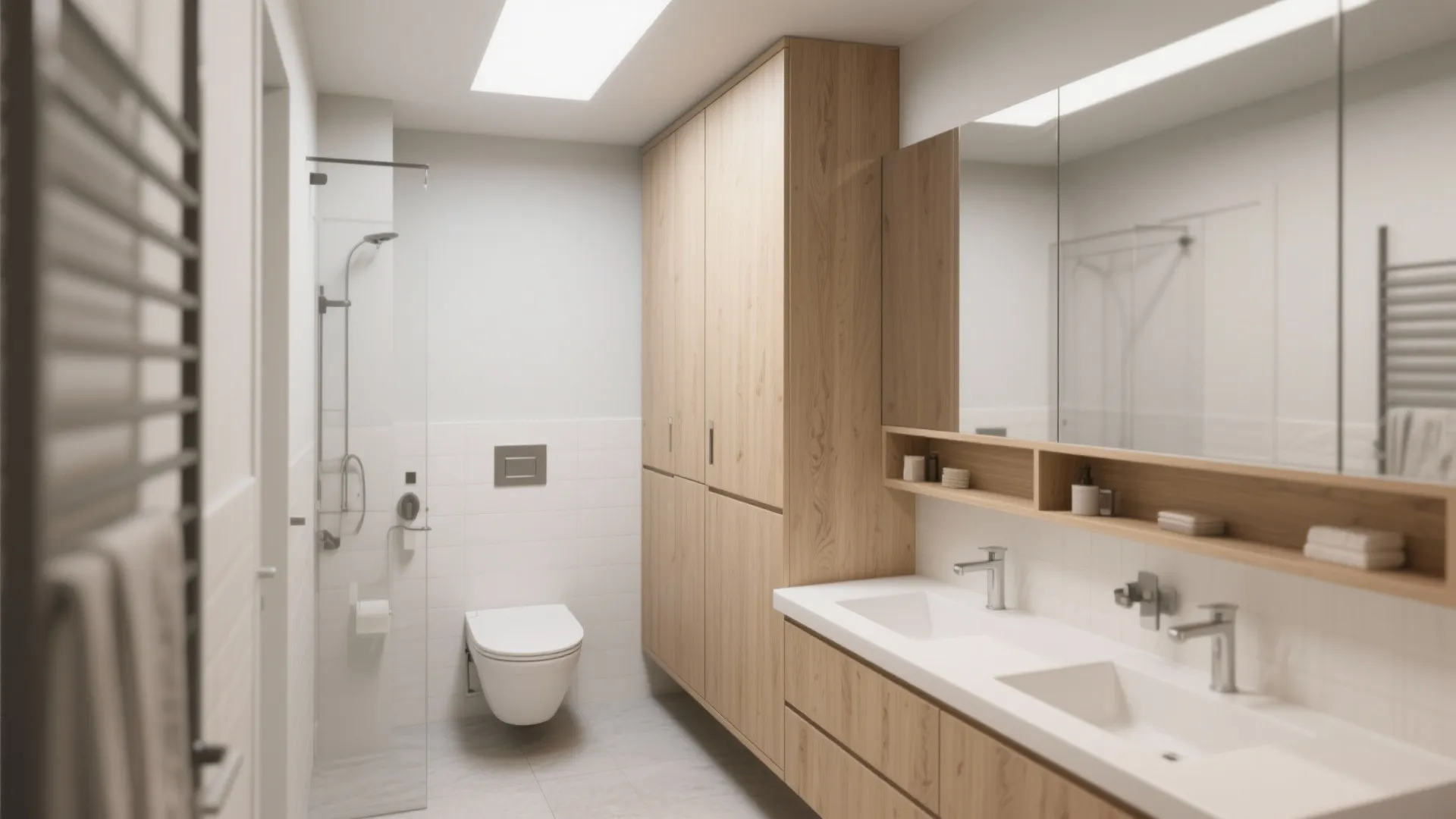 Tall slim bathroom cabinet extending to ceiling