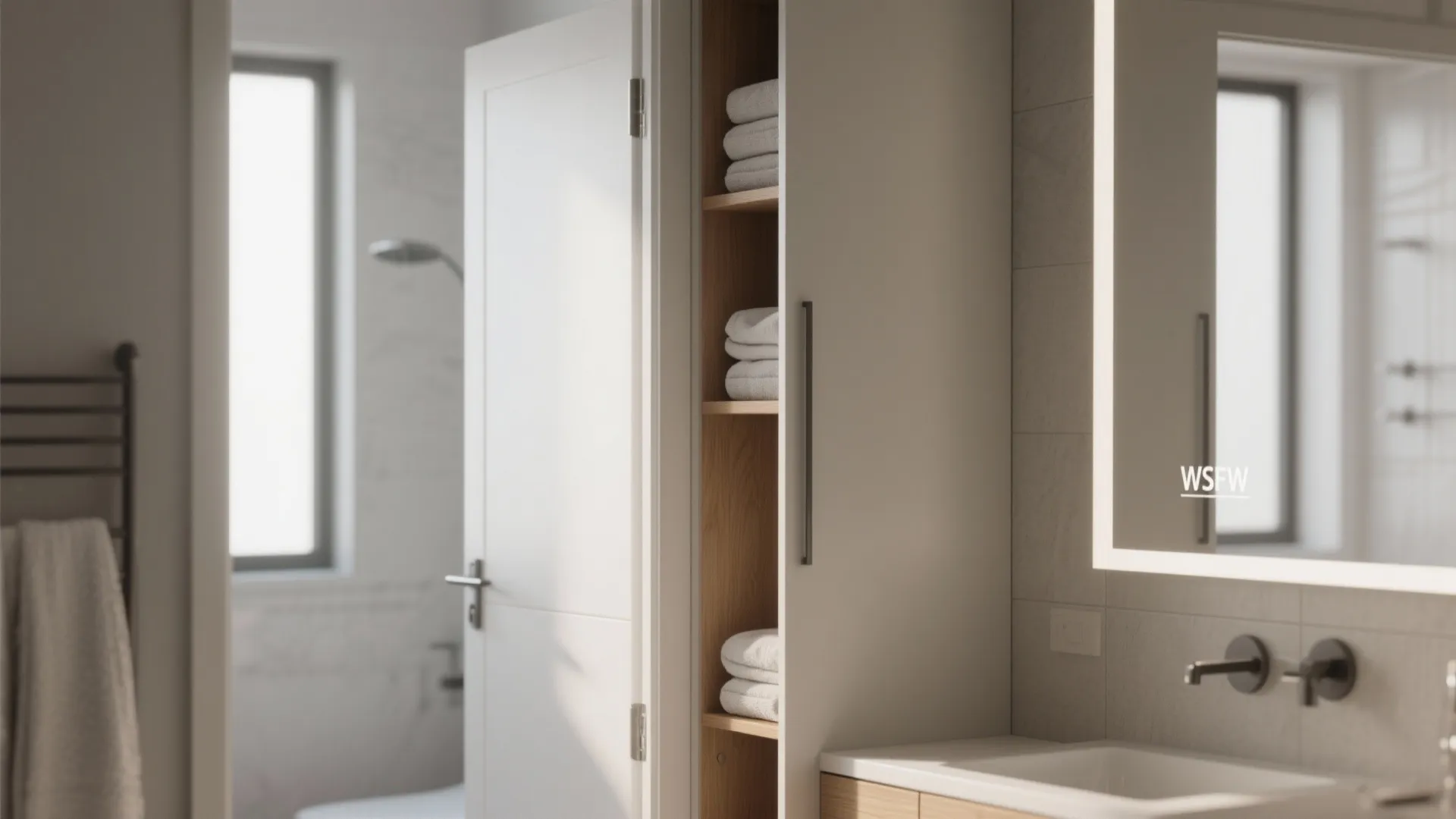 Narrow floor-to-ceiling cabinet beside a bathroom mirror providing vertical storage.