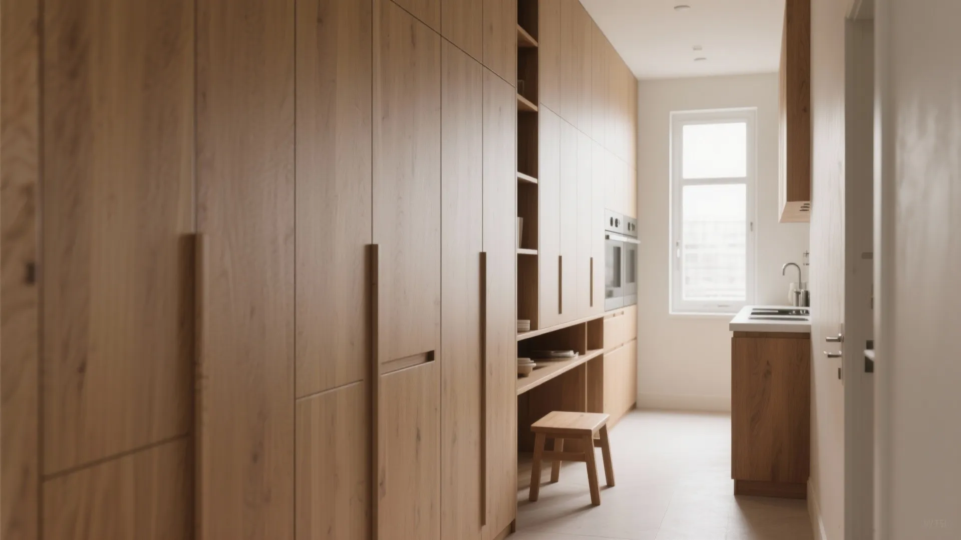 Narrow wall with tall, slim cabinets using vertical space, with a small step stool under higher shelves.