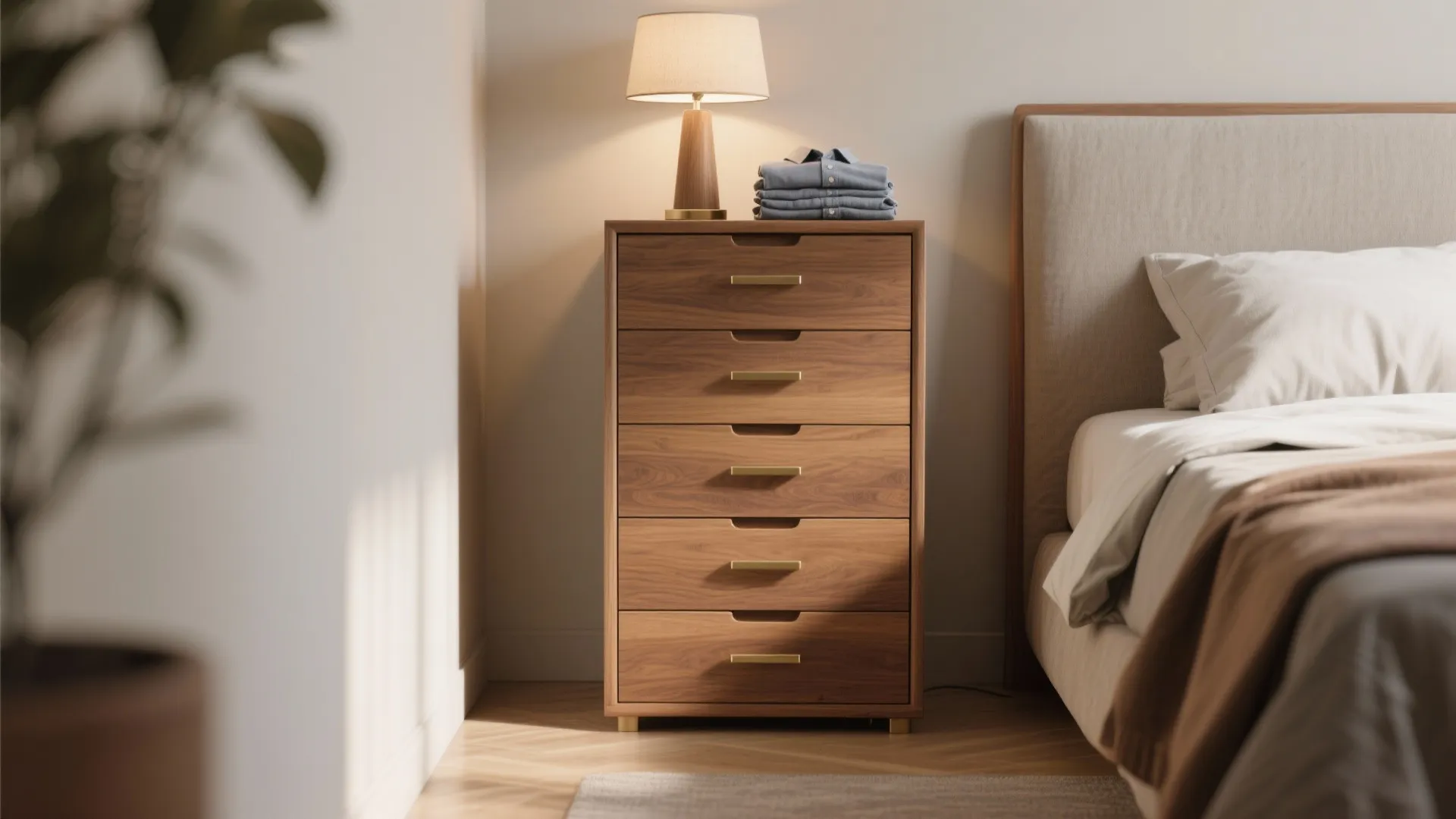 Tall wooden cabinet with six gold handles next to bed with lamp and folded clothes