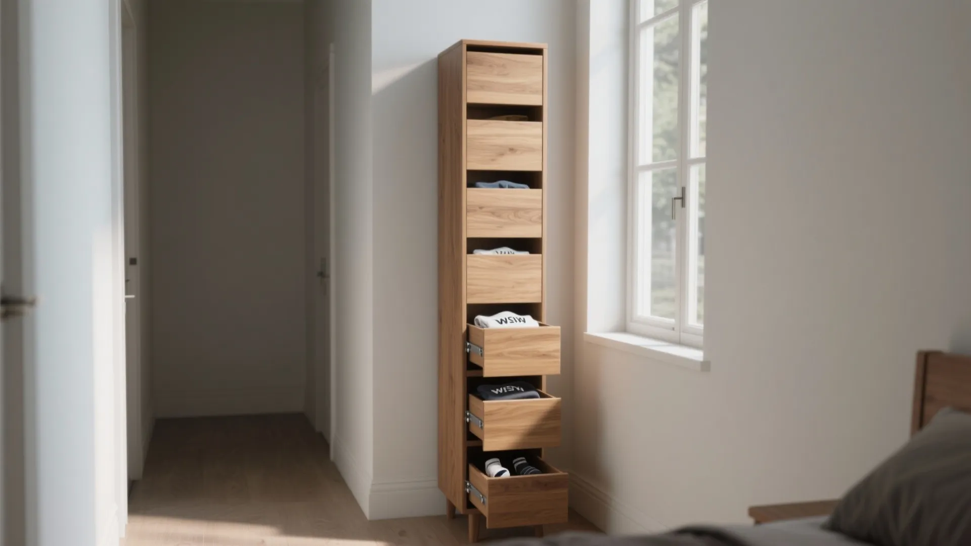 Tall slim wooden storage cabinet with multiple open drawers standing next to a bright window
