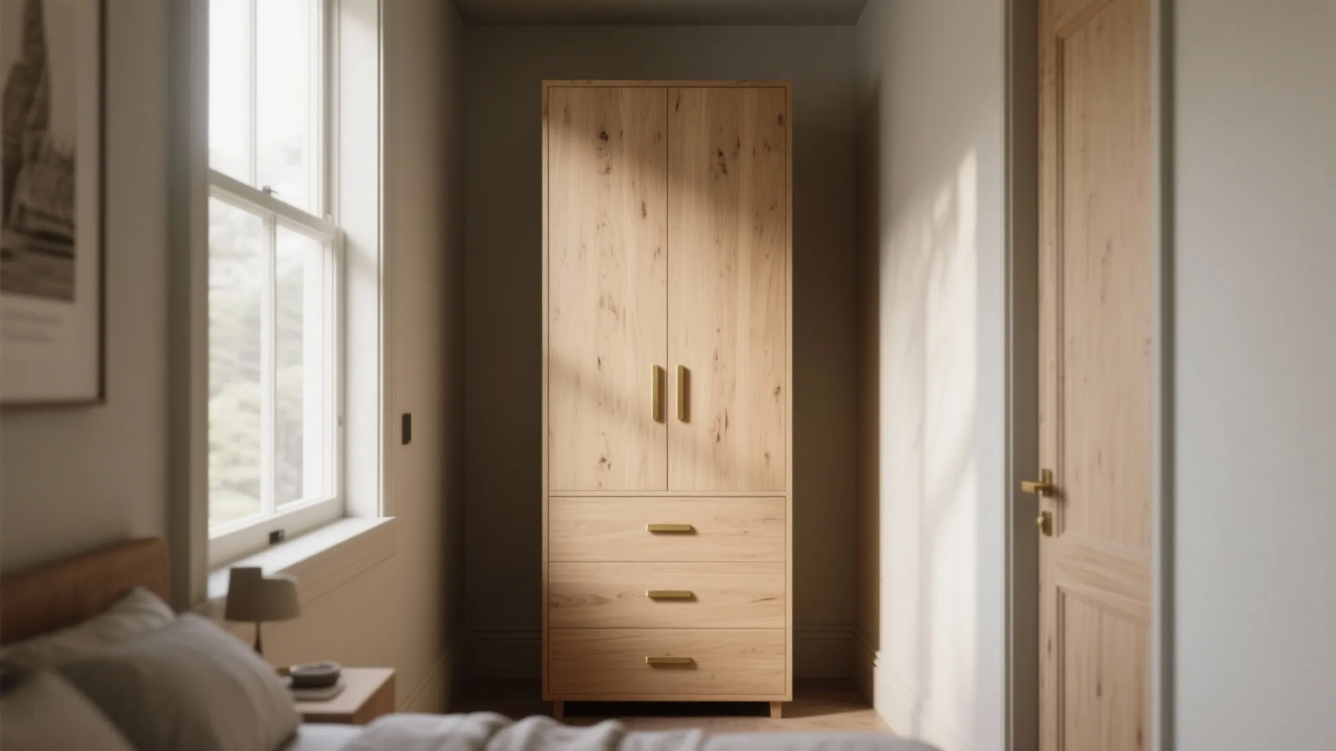 Tall wooden cabinet with two doors and three drawers standing between a window and door