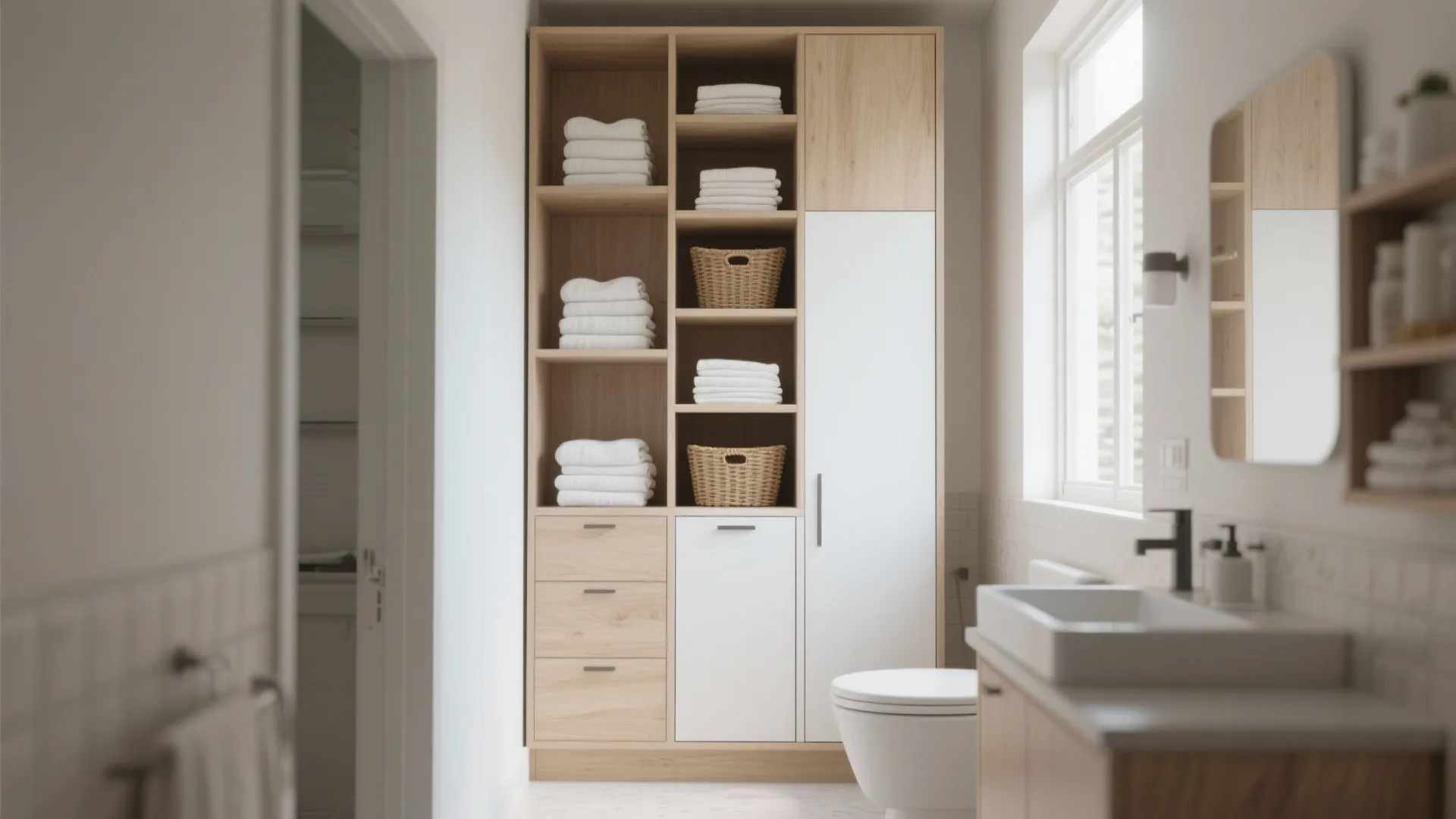 Modern bathroom featuring wood and white storage cabinet with folded white towels and wicker baskets