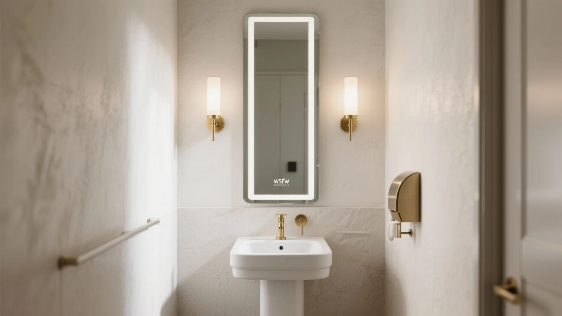 Modern small bathroom with tall slim lighted mirror white sink gold faucet and two wall lights