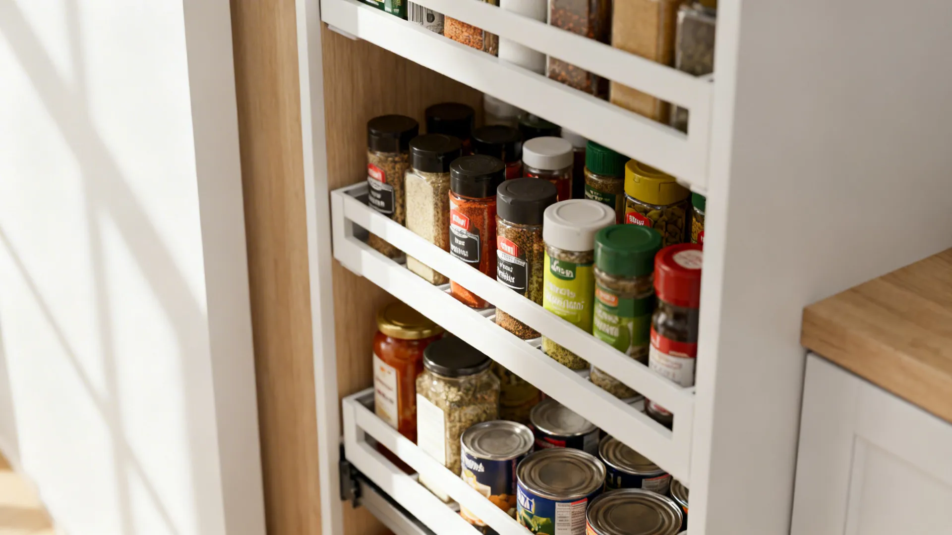 Pull-out tall slim pantry with organized spices and canned goods in a compact kitchen