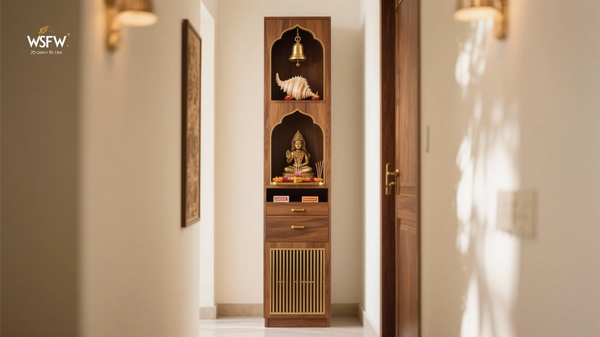 Slim tall pooja cabinet with ventilation and vertical niches