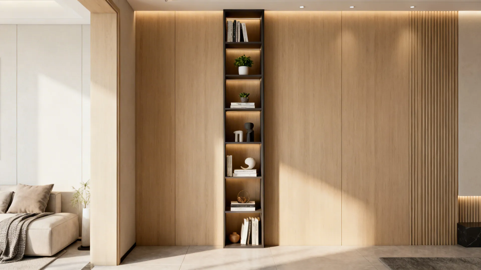 Tall slim open shelving styled with books and plants to emphasize height in a small living room.