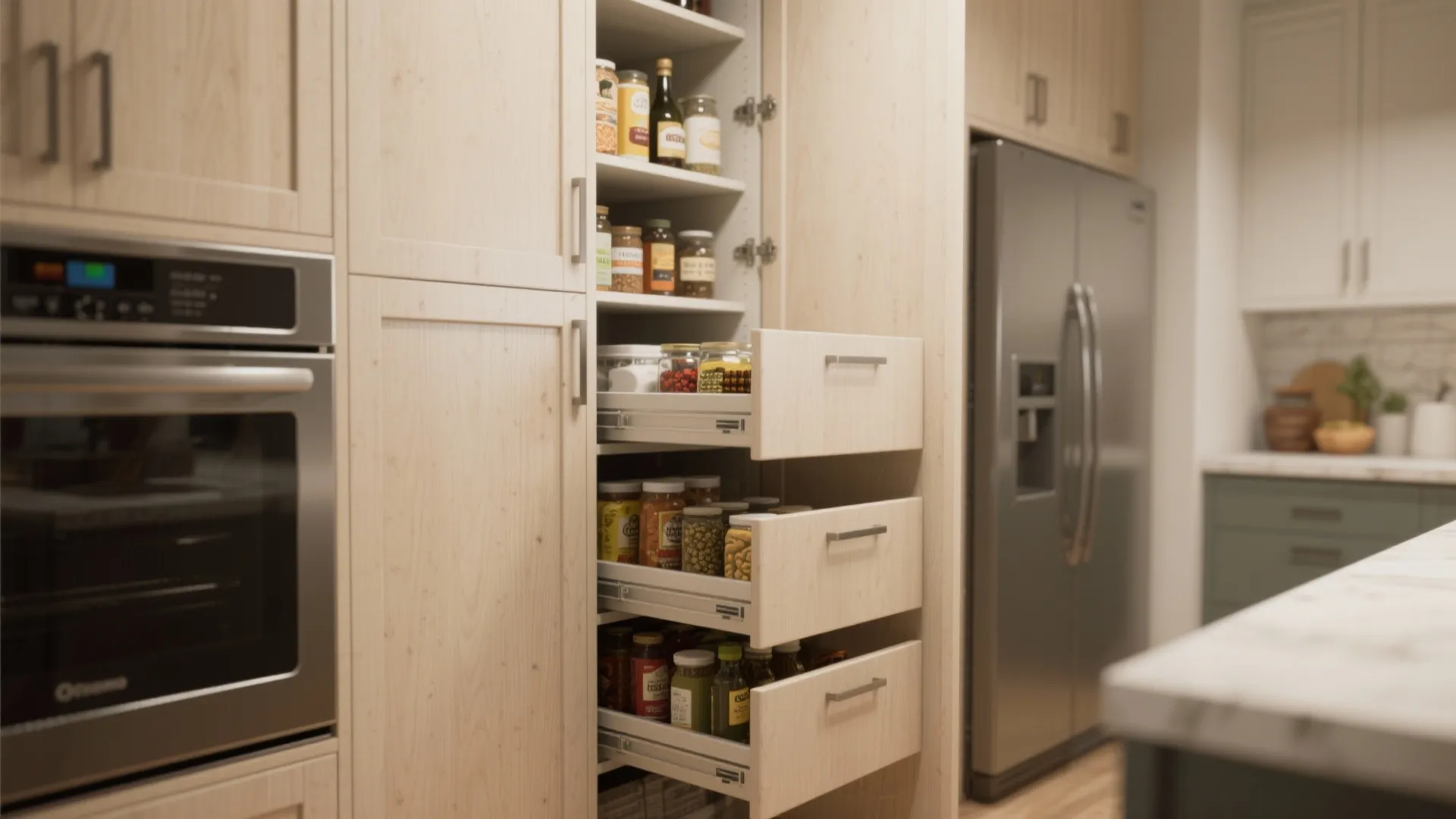 2. Use tall, slim storage instead of bulky base cabinets