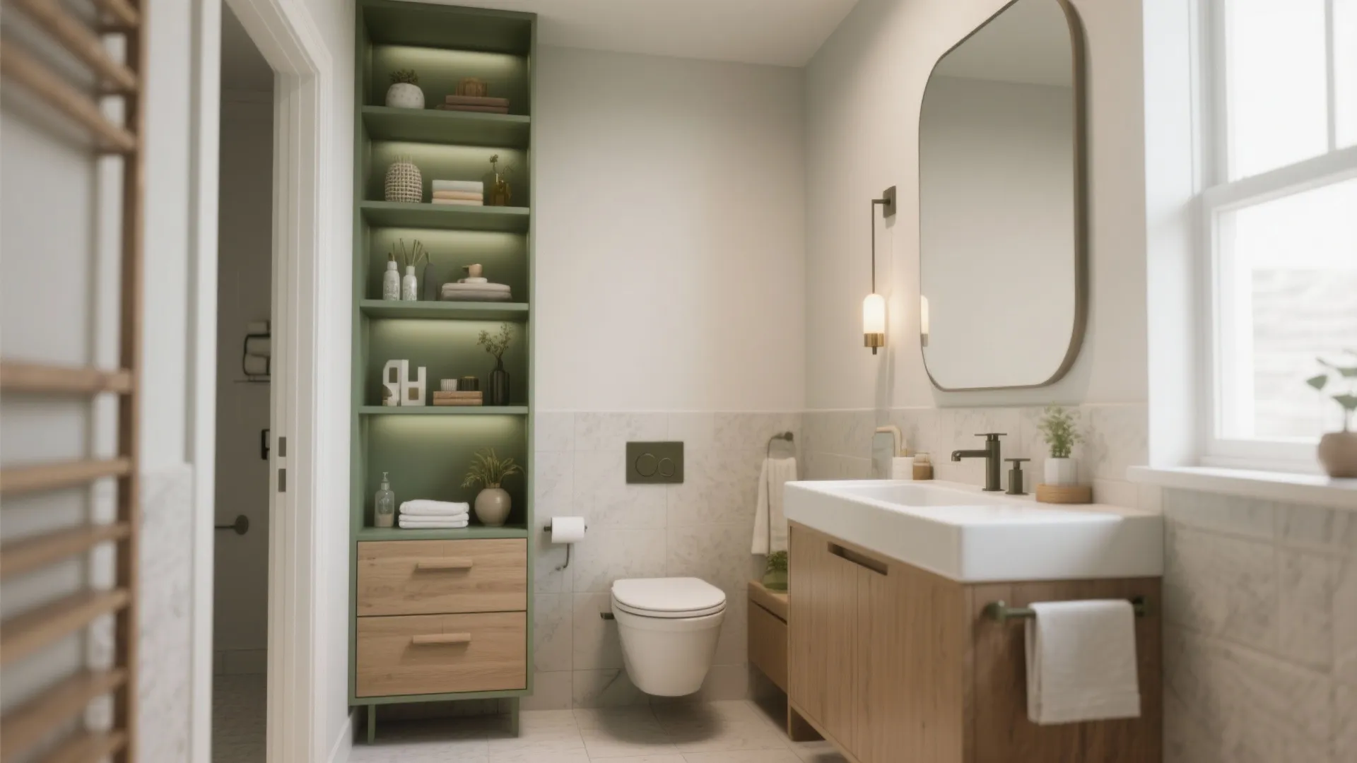 Modern bathroom with green tall cabinet wooden sink unit white toilet mirror and marble wall tile