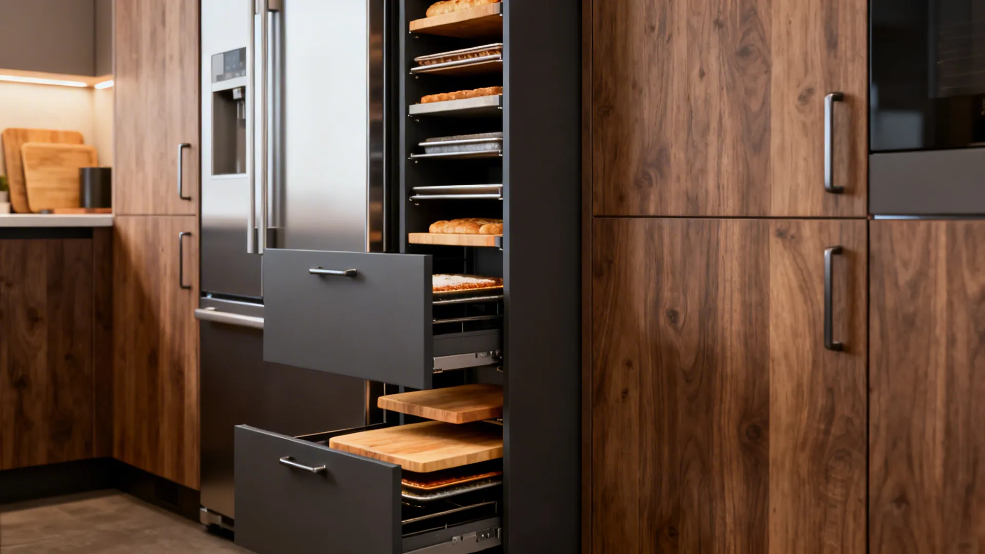 Tall slim pull-out pantry and vertical drawers storing baking sheets beside a fridge.