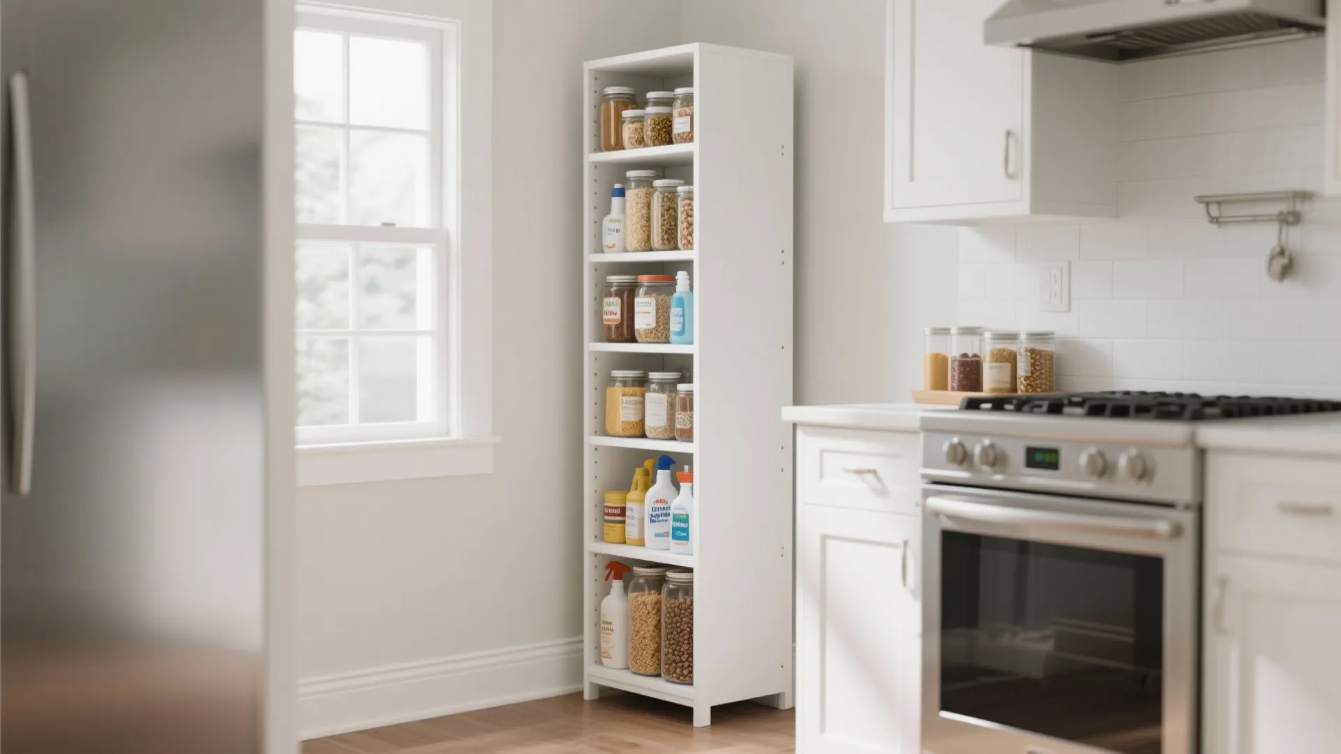 Tall white slim storage cabinet filled with glass jars and cleaning bottles in modern kitchen