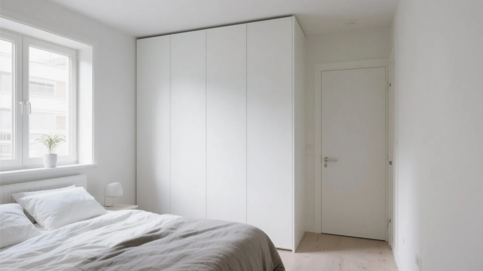 Minimalist white bedroom featuring a large floor to ceiling cabinet next to a white door
