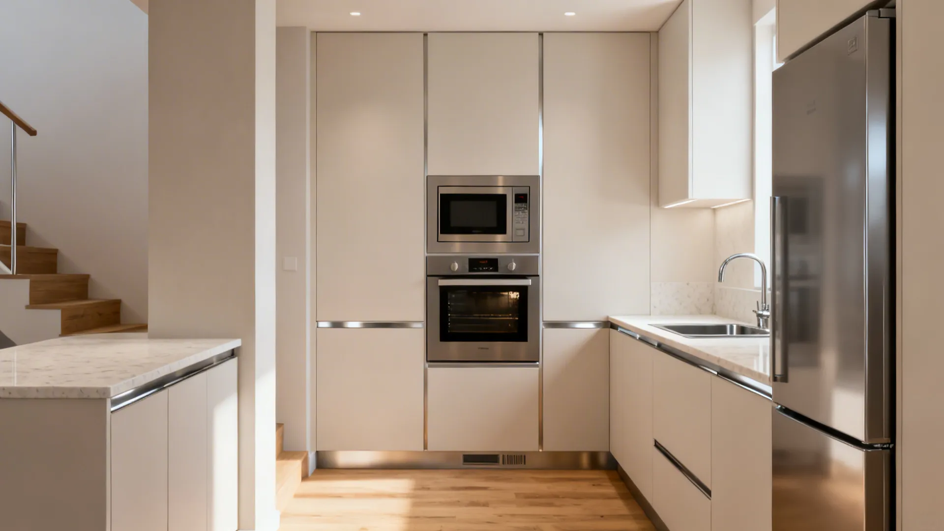 Tall appliance column with mid-height oven and compact microwave in a small galley kitchen.