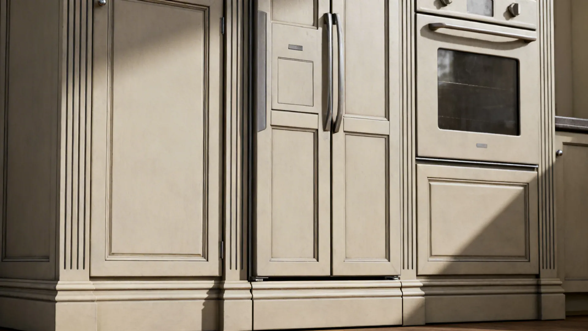 Macro detail of a panel-ready tall appliance stack with aligned gaps and toe-kick.