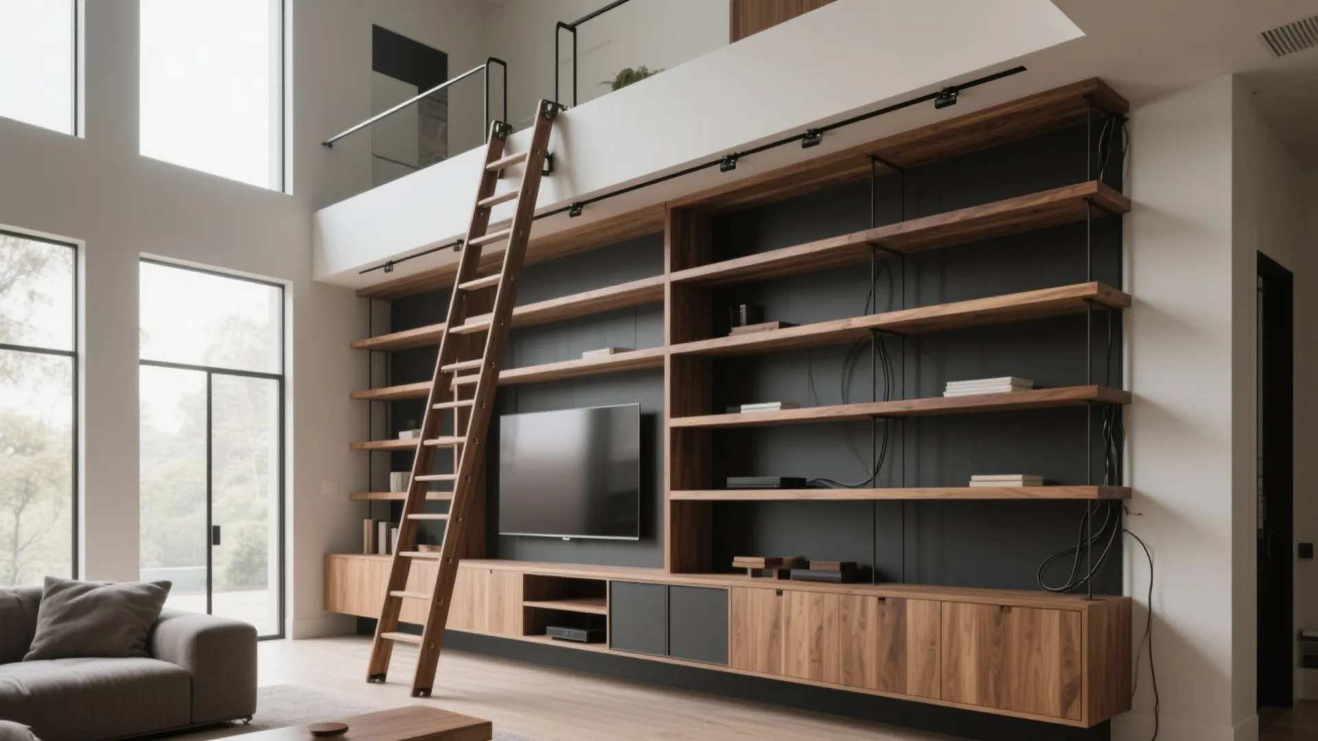 Large wooden wall cabinet system with library ladder television open shelves and a small loft above