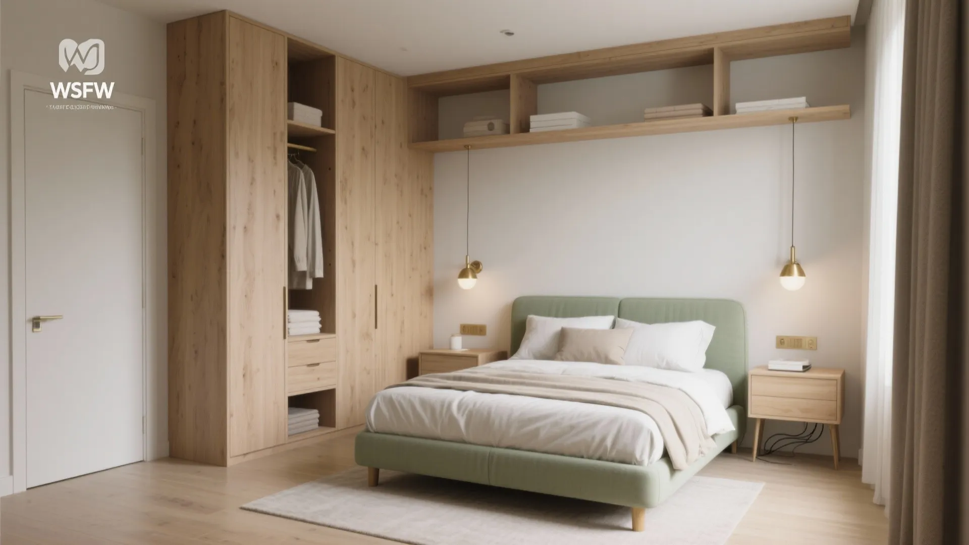 Minimalist bedroom with wood storage cabinet, green bed, white walls, and warm hanging light fixtures