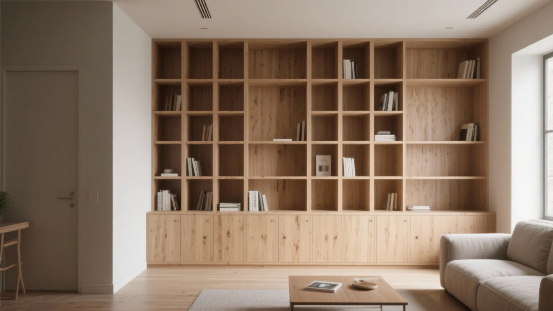 Large wooden bookshelf wall in modern living room with beige sofa and wooden coffee table