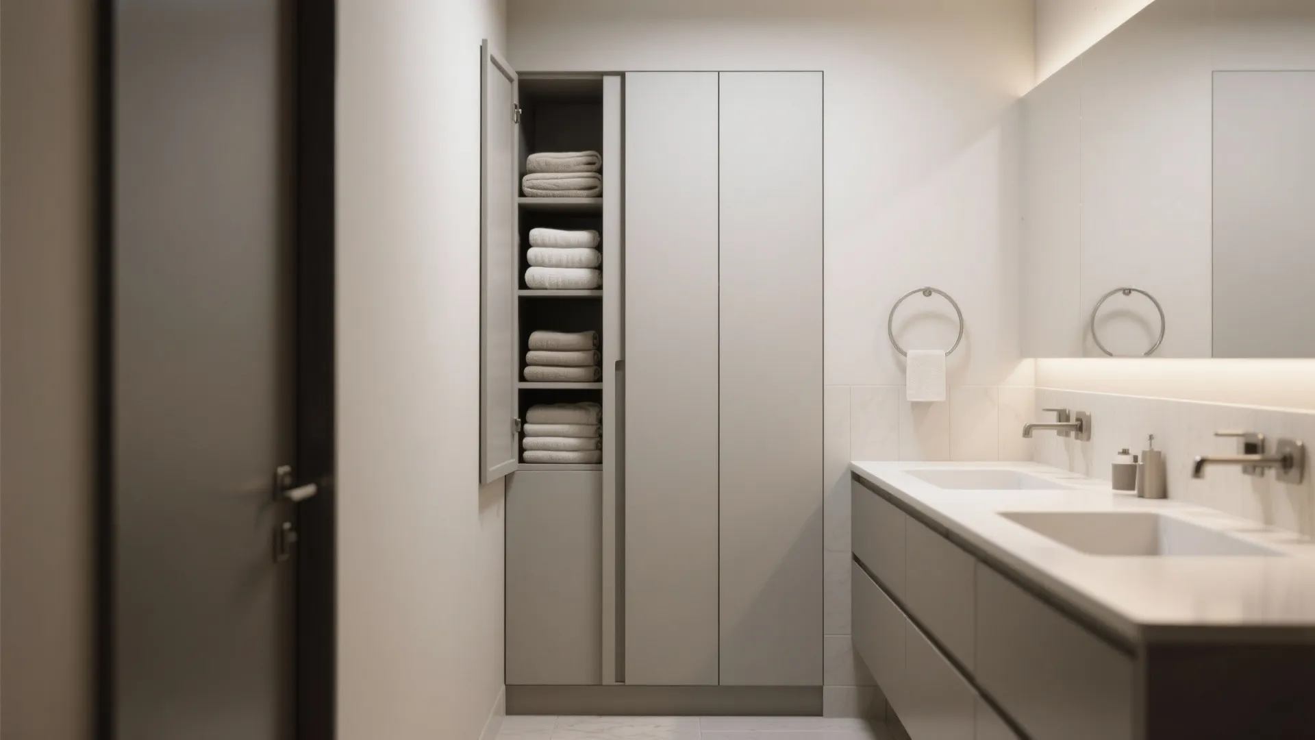 Minimalist bathroom featuring a tall gray cabinet with towels next to a double sink vanity