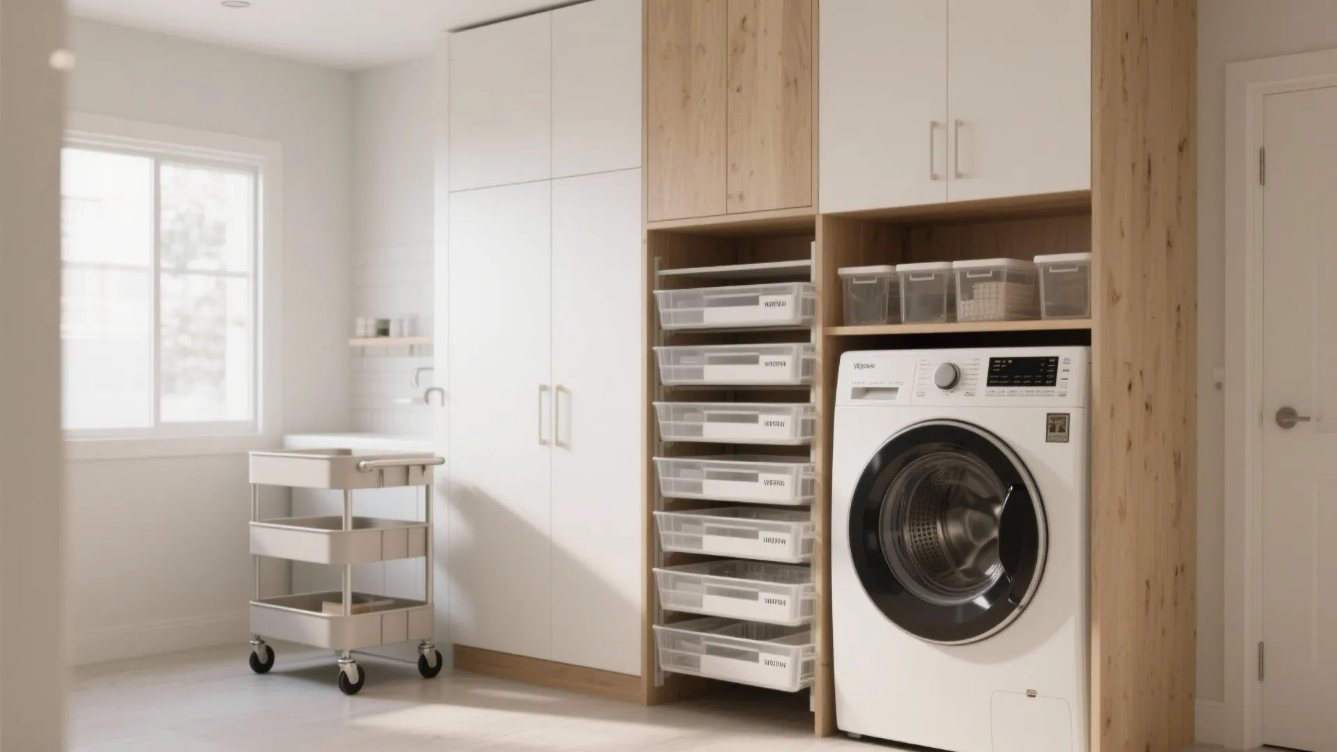 Tall narrow cabinetry and a slim rolling utility cart beside laundry machines with labeled clear containers